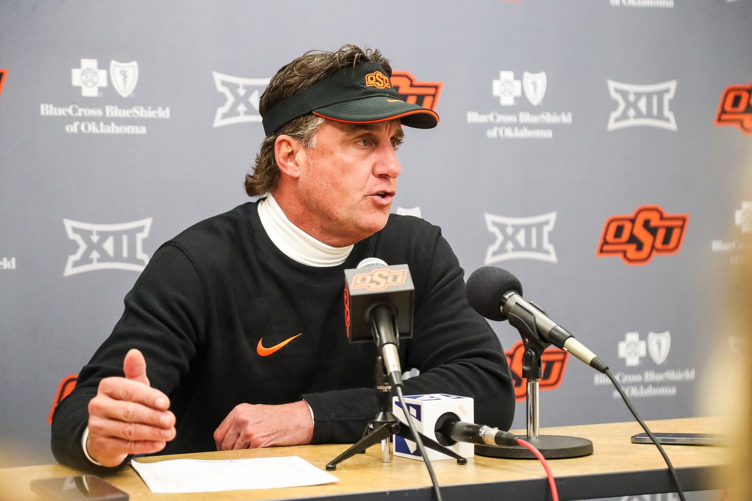 Oct 21, 2023; Morgantown, West Virginia, USA; Oklahoma State Cowboys head coach Mike Gundy speaks to the media after defeating the West Virginia Mountaineers at Mountaineer Field at Milan Puskar Stadium. Mandatory Credit: Ben Queen-USA TODAY Sports